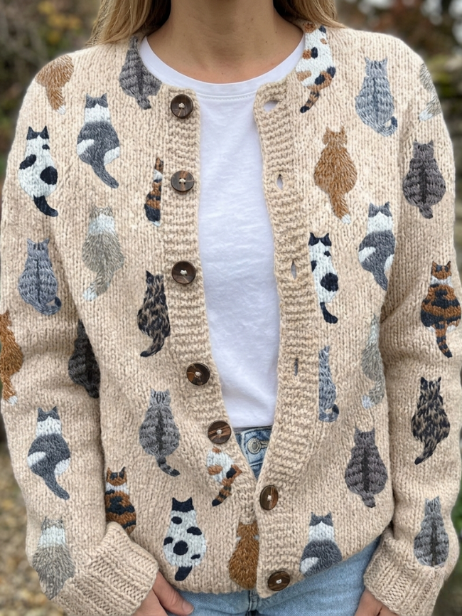 Anamartinezmadrid Enriqueta | Cárdigan de Punto con Estampado de Gatos – Beige