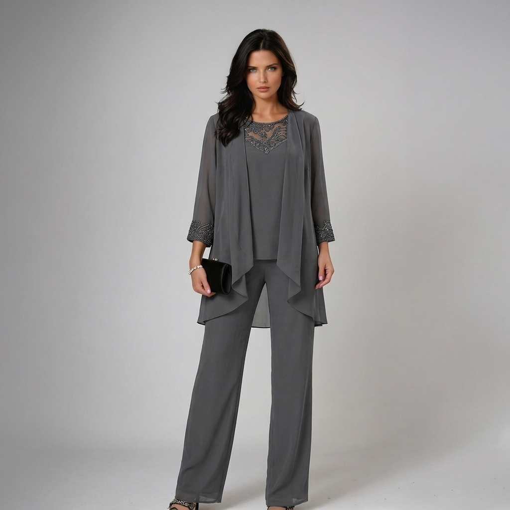 Anamartinezmadrid Itziar | Conjunto de Tres Piezas de Gasa con Pedrería y Pantalón Ancho – Gris – photo 4
