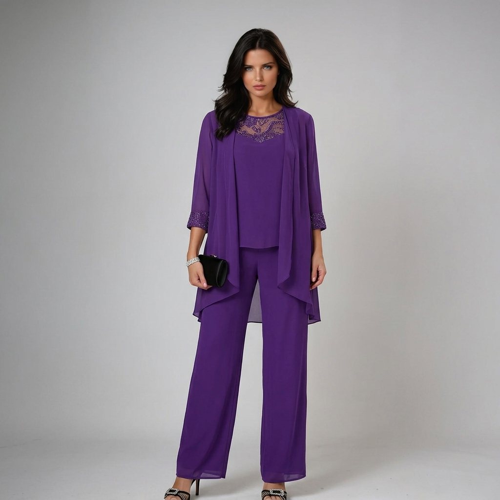 Anamartinezmadrid Itziar | Conjunto de Tres Piezas de Gasa con Pedrería y Pantalón Ancho – Morado – photo 6