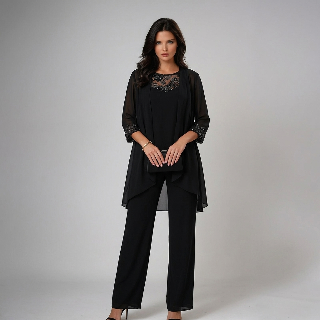 Anamartinezmadrid Itziar | Conjunto de Tres Piezas de Gasa con Pedrería y Pantalón Ancho – Negro – photo 8