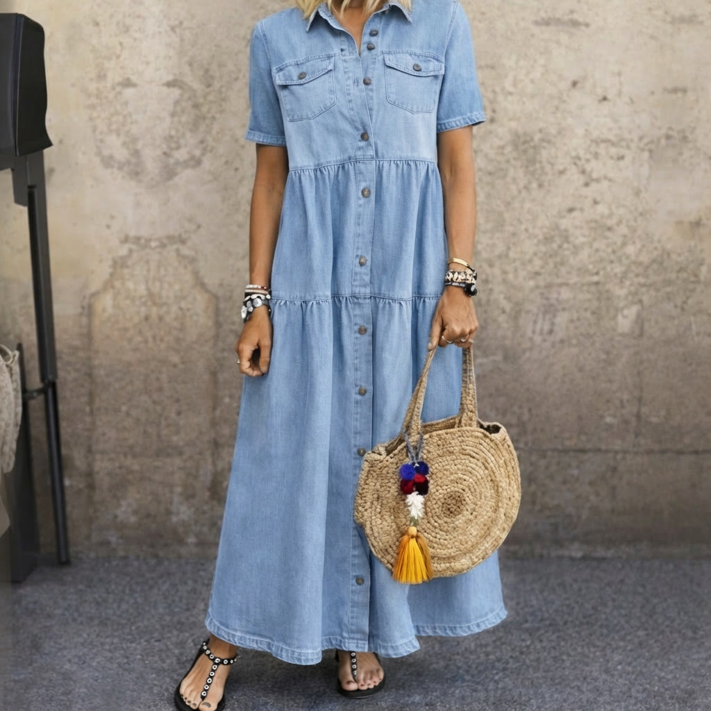 Anamartinezmadrid Elizabeth | Vestido Midi con Botones y Falda Escalonada – Azul Cielo