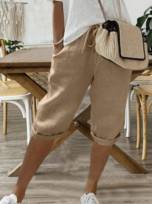 Marina Roca Lauren | Pantalones Cortos de Mezcla de Lino Relajados – Beige