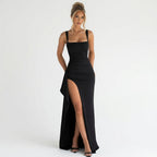 Anamartinezmadrid Elara | Vestido Largo con Escote Cuadrado y Abertura Lateral – Negro