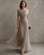 Anamartinezmadrid Jimena | Vestido Largo Drapeado de Ceremonia – Beige