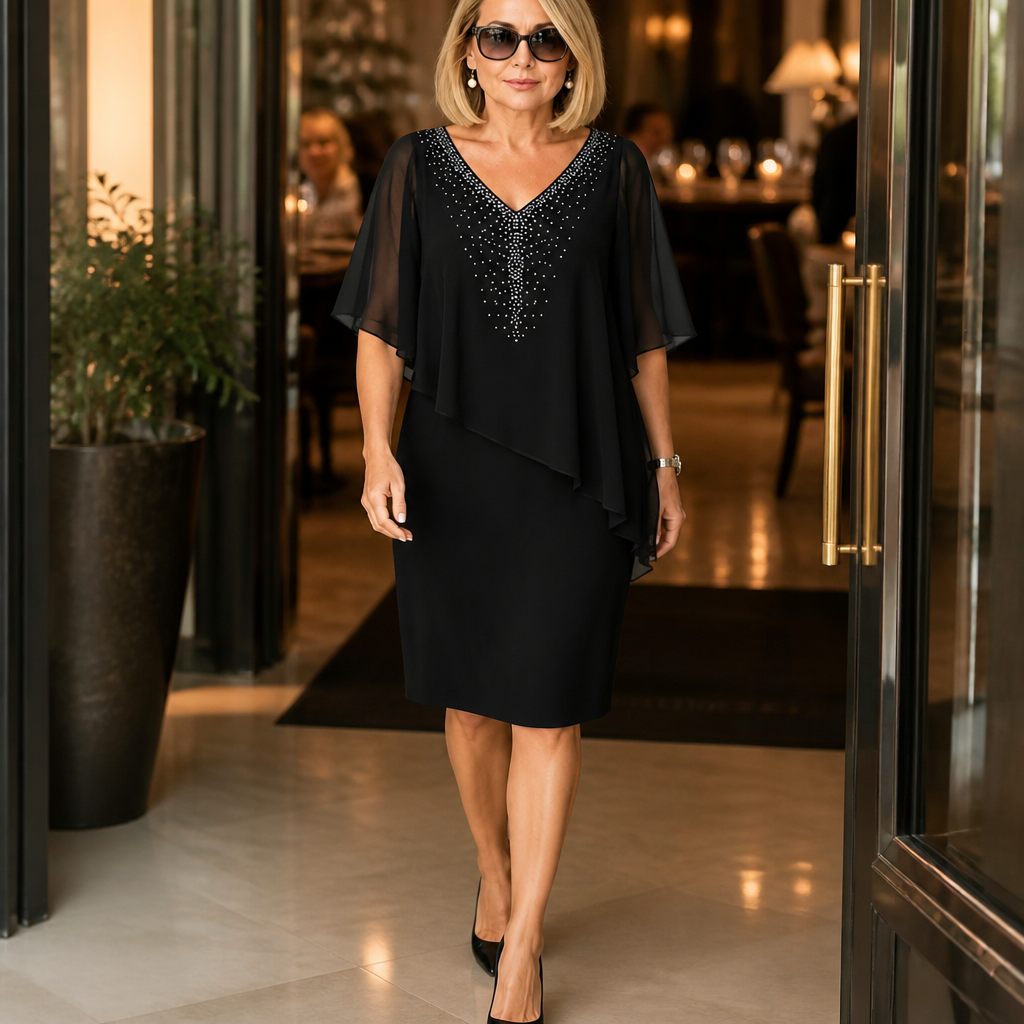Anamartinezmadrid Joaquina | Vestido Midi de Invitada con Capa de Gasa y Escote en Pico – photo 2