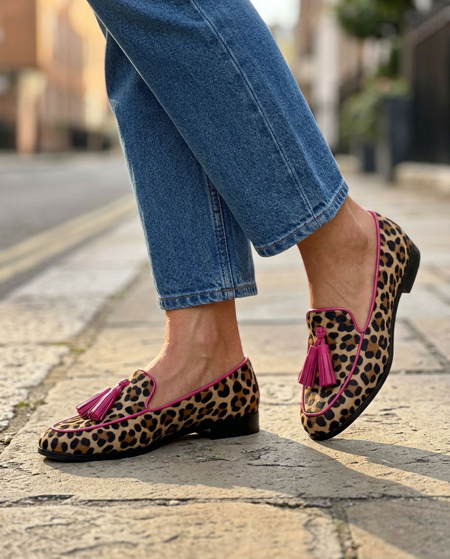 Anamartinezmadrid Flora | Mocasines Planos de Leopardo con Ribete y Borlas Fucsia – photo 3