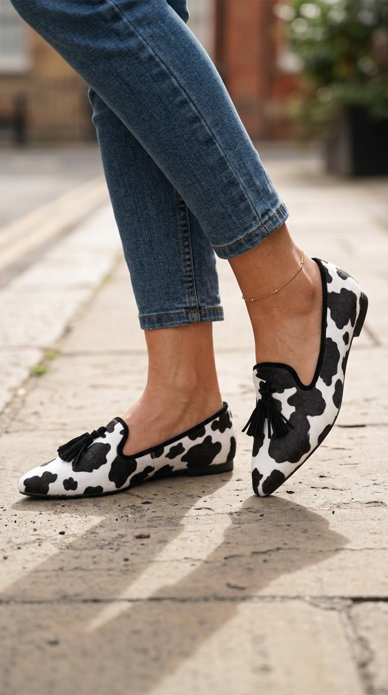 Anamartinezmadrid Claudia | Mocasines de Punta Fina con Estampado de Vaca y Borlas Negras – photo 4