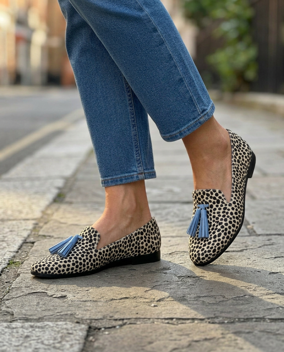 Anamartinezmadrid Nazaret | Mocasines de Leopardo Blanco y Negro con Borlas Celestes – photo 3