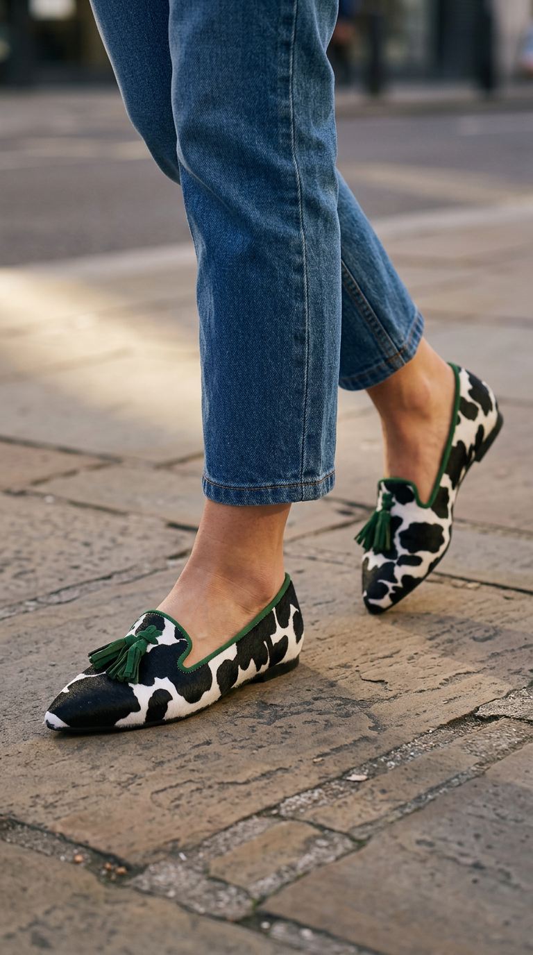 Anamartinezmadrid Edurne | Mocasines de Punta Fina con Estampado de Vaca y Borlas Verdes – photo 3