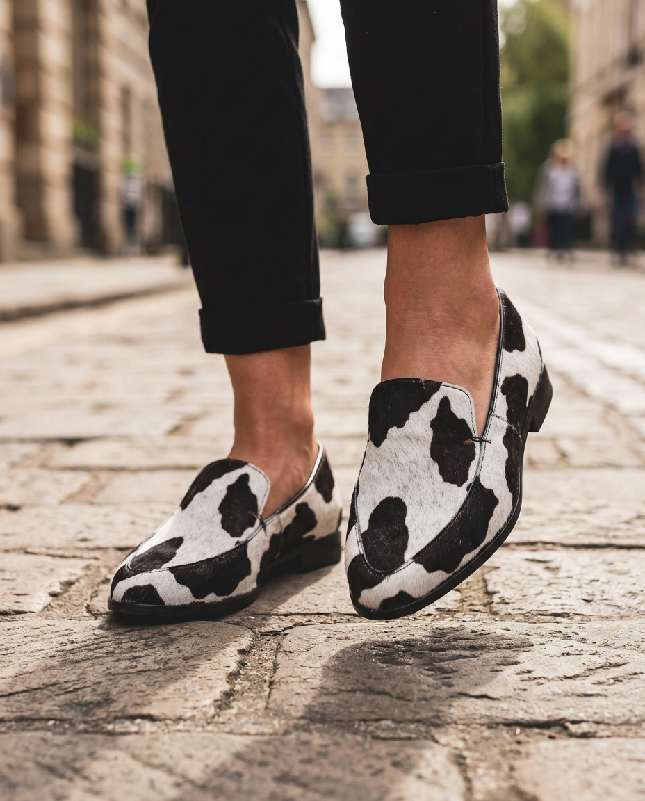 Anamartinezmadrid Anabel | Mocasines de Punta Fina con Estampado de Vaca y Suela Roja – photo 4