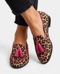 Anamartinezmadrid Flora | Mocasines Planos de Leopardo con Ribete y Borlas Fucsia