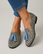 Anamartinezmadrid Nazaret | Mocasines de Leopardo Blanco y Negro con Borlas Celestes