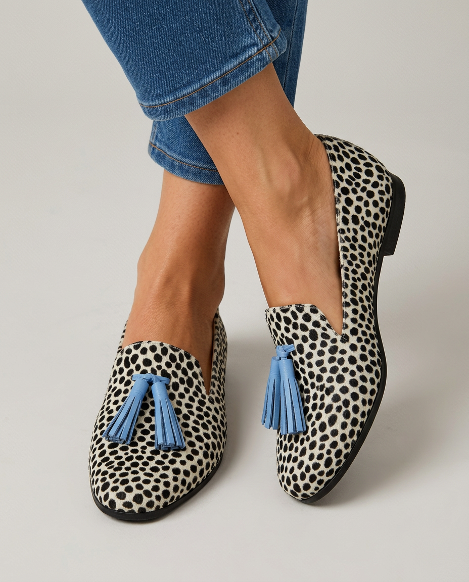 Anamartinezmadrid Nazaret | Mocasines de Leopardo Blanco y Negro con Borlas Celestes