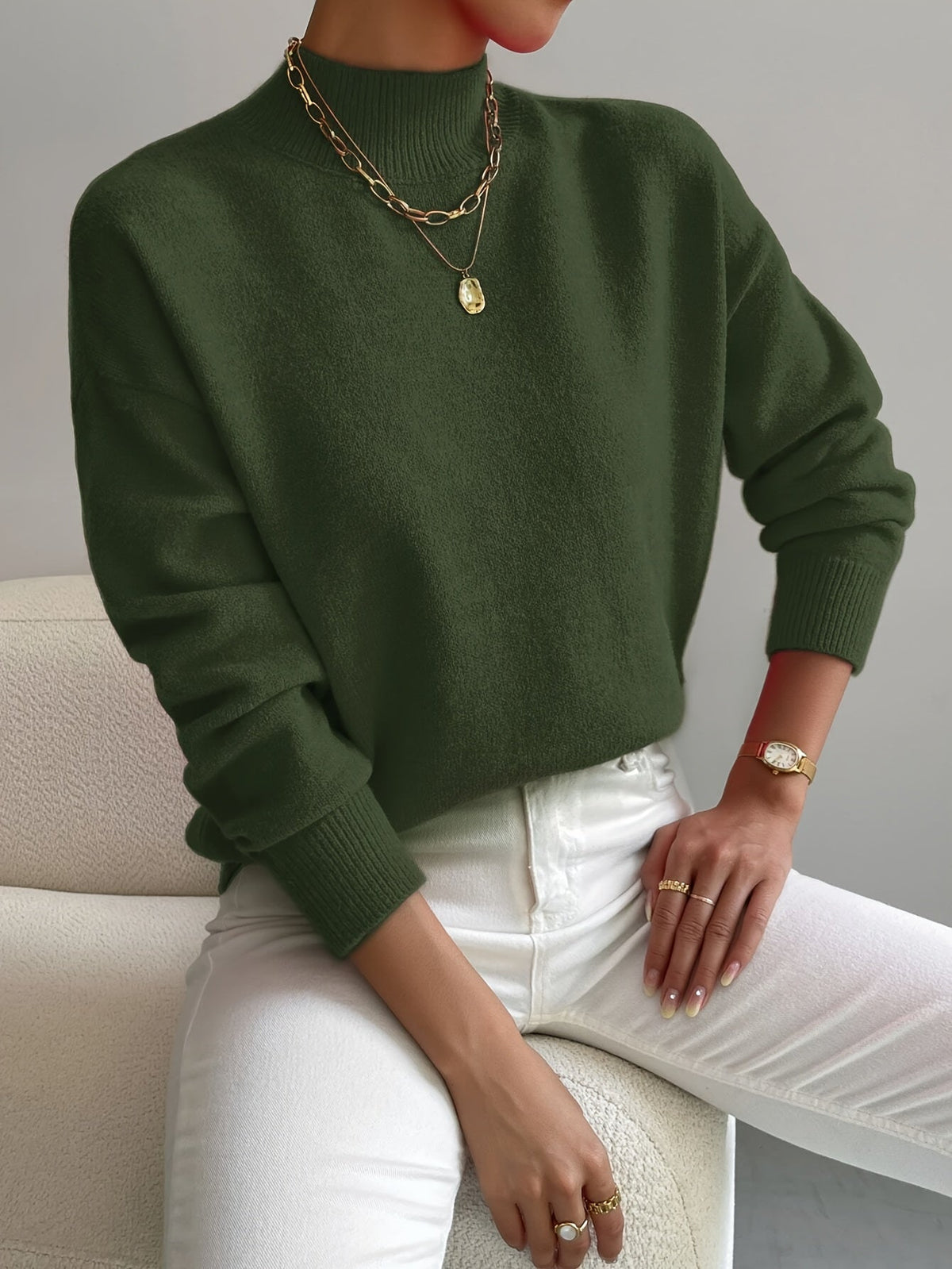 Anamartinezmadrid Leticia | Jersey de Punto Suave con Cuello Perkins – Verde Oliva – photo 8
