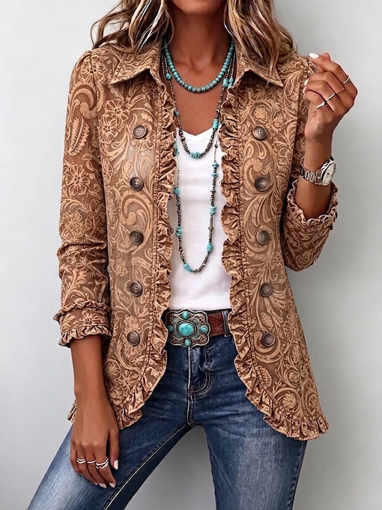 Casa Provincial Concepción - Chaqueta Floral Vintage con Volantes – Marrón