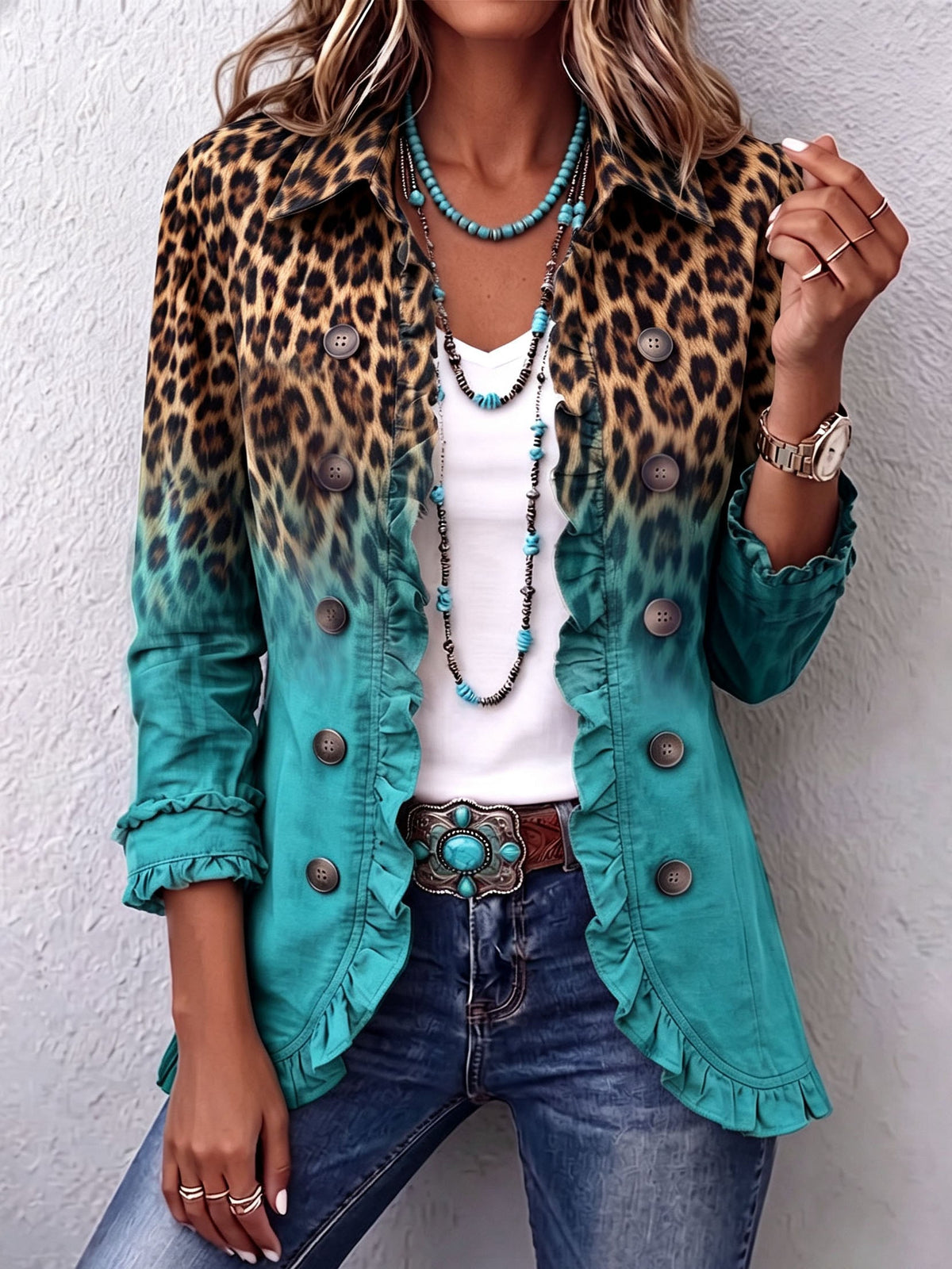 Casa Provincial Mercedes - Chaqueta Blazer Leopardo Degradado con Volantes – Turquesa