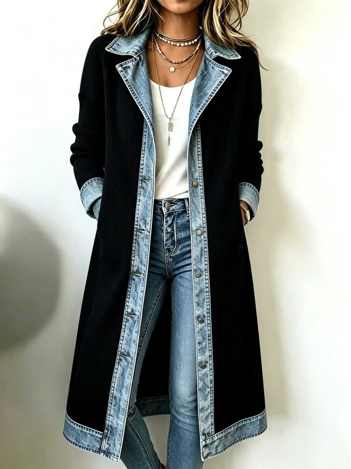 Anna Luce María - Cárdigan Largo de Punto con Detalles de Denim – Negro – photo 2