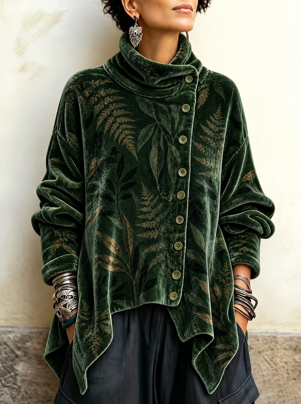 Anamartinezmadrid Cloe | Túnica de Terciopelo Verde con Helechos y Botones Laterales – Verde