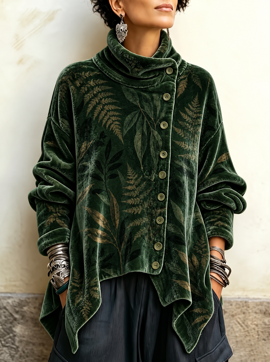 Anamartinezmadrid Cloe | Túnica de Terciopelo Verde con Helechos y Botones Laterales – Verde