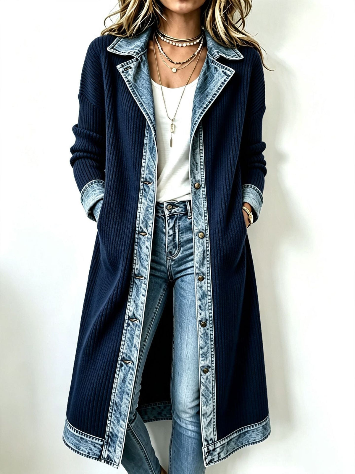 Anna Luce María - Cárdigan Largo de Punto con Detalles de Denim – Azul Marino – photo 4