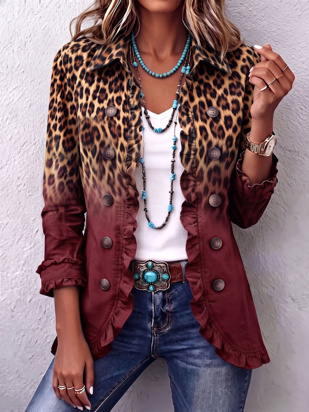 Casa Provincial Mercedes - Chaqueta Blazer Leopardo Degradado con Volantes – Vino – photo 5