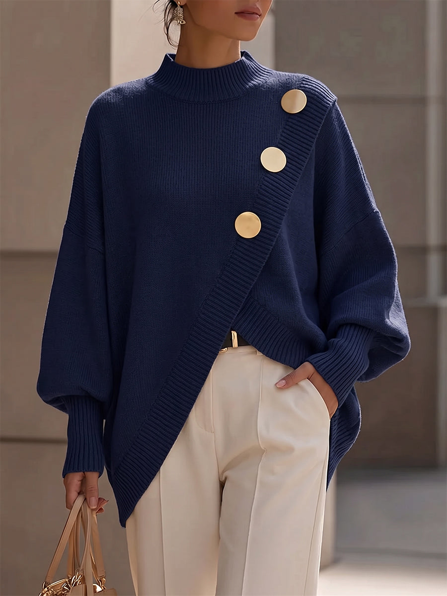 Anamartinezmadrid Regina | Jersey de Punto Asimétrico con Botones Dorados – Azul Royal