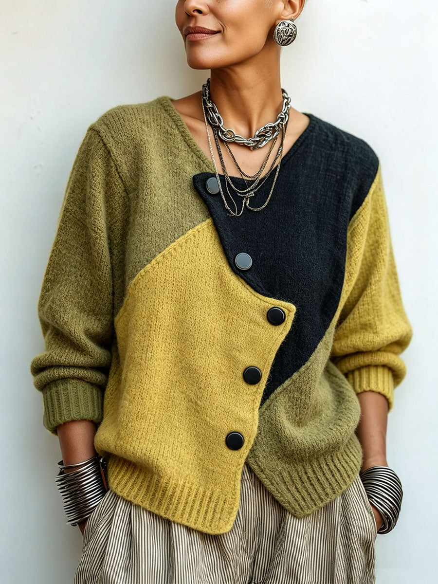 Anamartinezmadrid Casandra | Jersey de Punto Asimétrico de Bloques de Color con Botones – Verde
