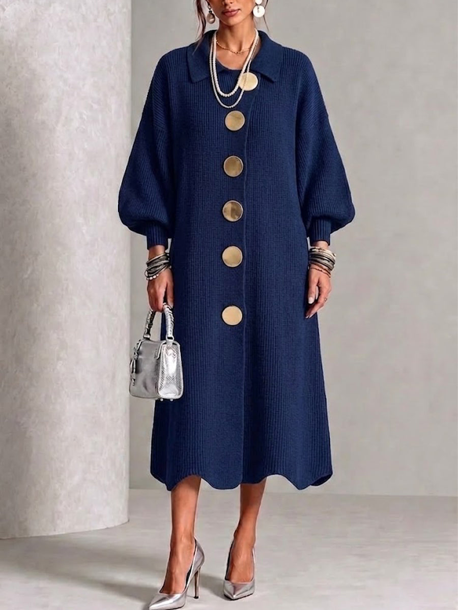 Anamartinezmadrid Victoria | Vestido de Punto Canalé con Botones Dorados – Azul Marino
