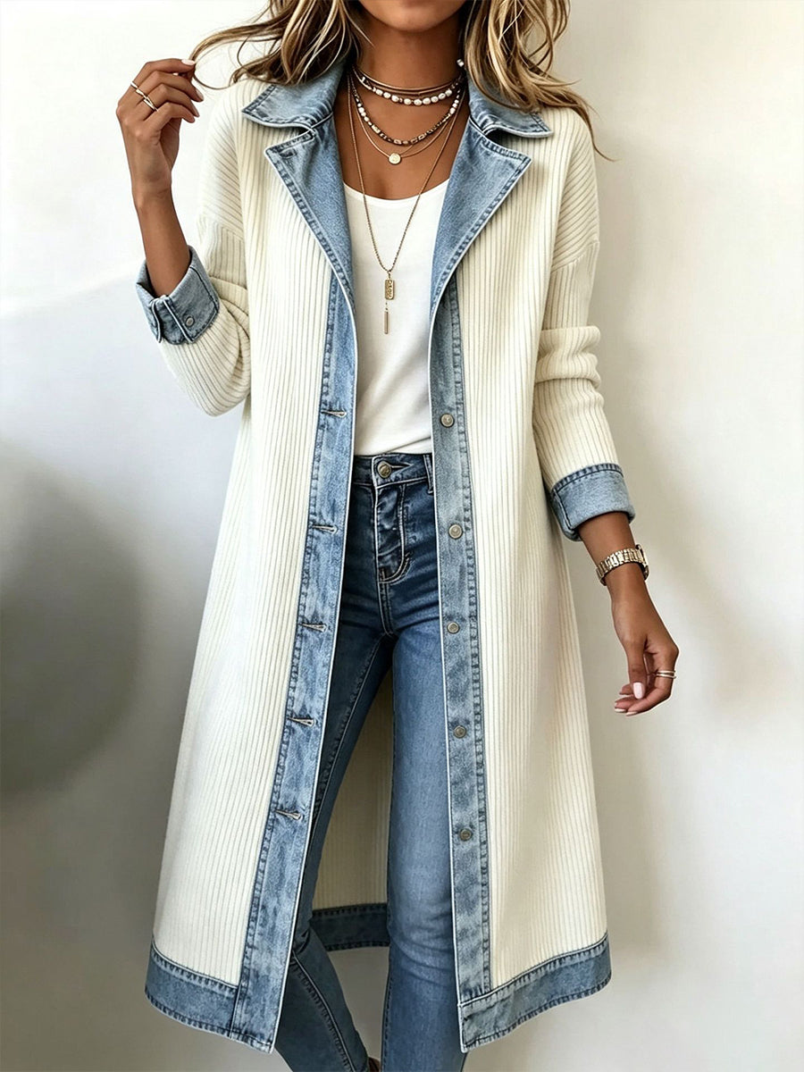 Anna Luce María - Cárdigan Largo de Punto con Detalles de Denim – Blanco – photo 6
