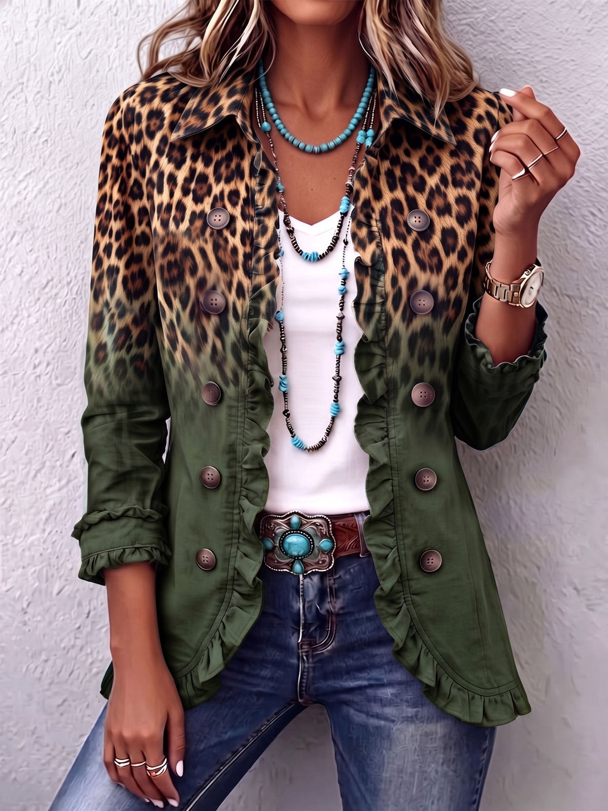 Casa Provincial Ramona - Chaqueta Blazer Leopardo Verde con Volantes – Verde