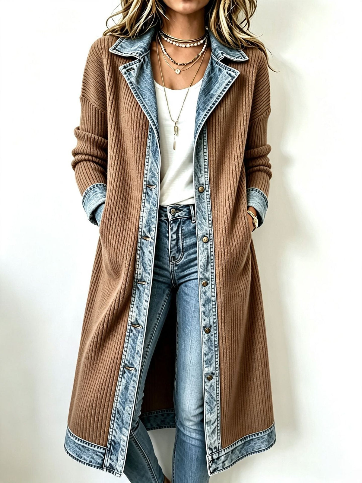 Anna Luce María - Cárdigan Largo de Punto con Detalles de Denim – Caqui – photo 3