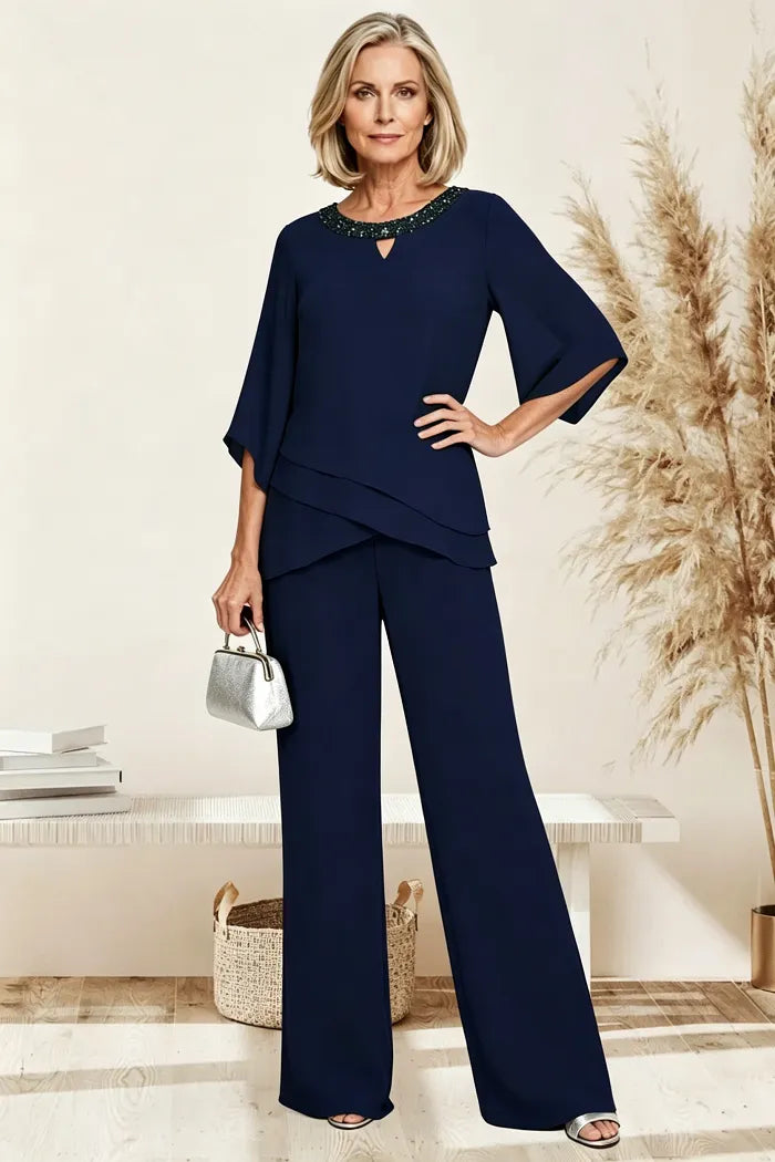 Anamartinezmadrid Matilde | Conjunto de Pantalón de Gasa para Madrina e Invitada – Azul Marino