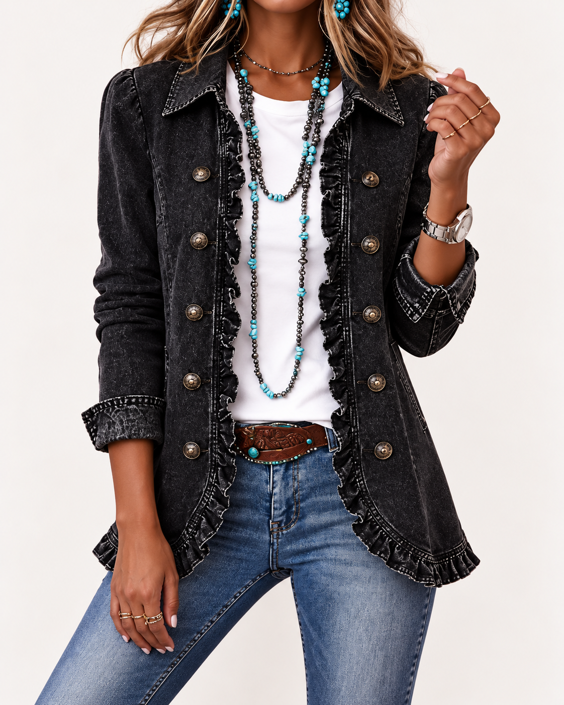 Sofía chaqueta negra efecto vaquero con volantes