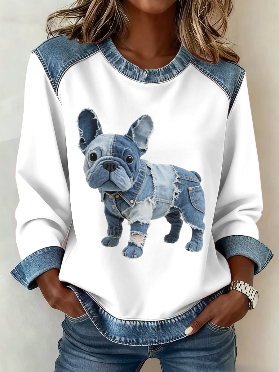 Liora Barcelona Alma - Sudadera con Patchwork Denim en Estilo Bulldog Francés – Blanco