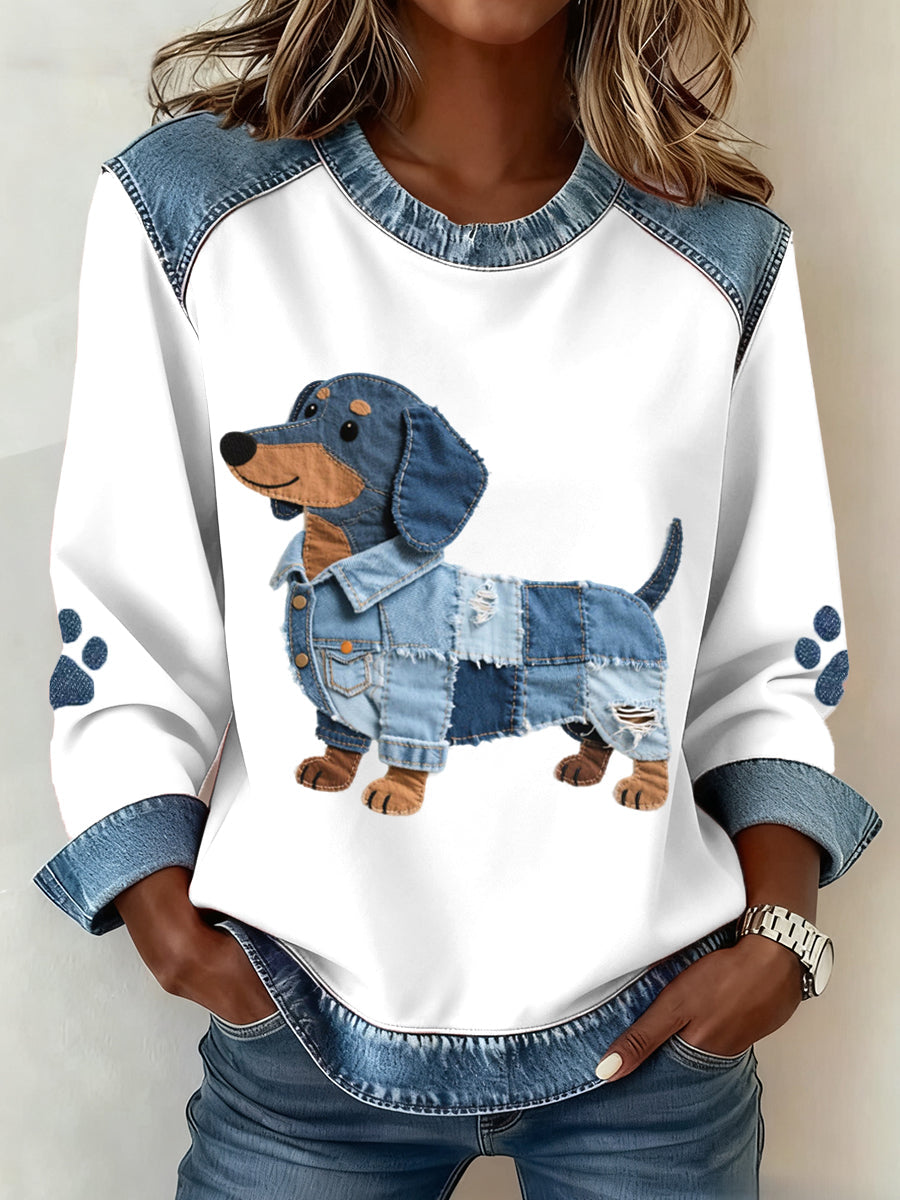 Liora Barcelona Brisa - Sudadera con Patchwork y Patrón de Dachshund – Blanco