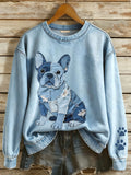 Liora Barcelona Nina - Sudadera con Patchwork de Mezclilla en Estilo Bulldog Francés – Azul