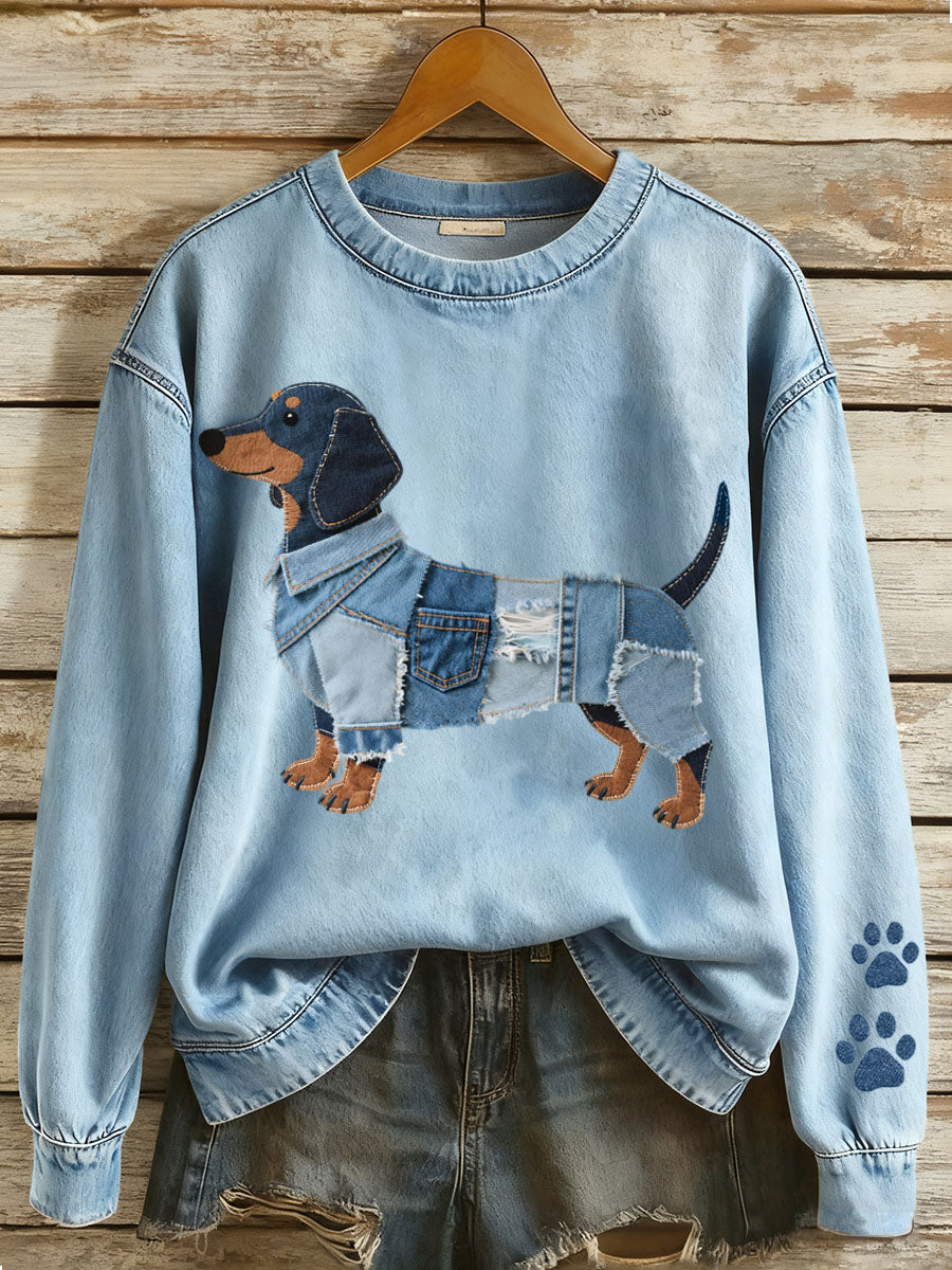 Liora Barcelona Sol - Sudadera con Patchwork de Denim y Motivo de Dachshund – Azul