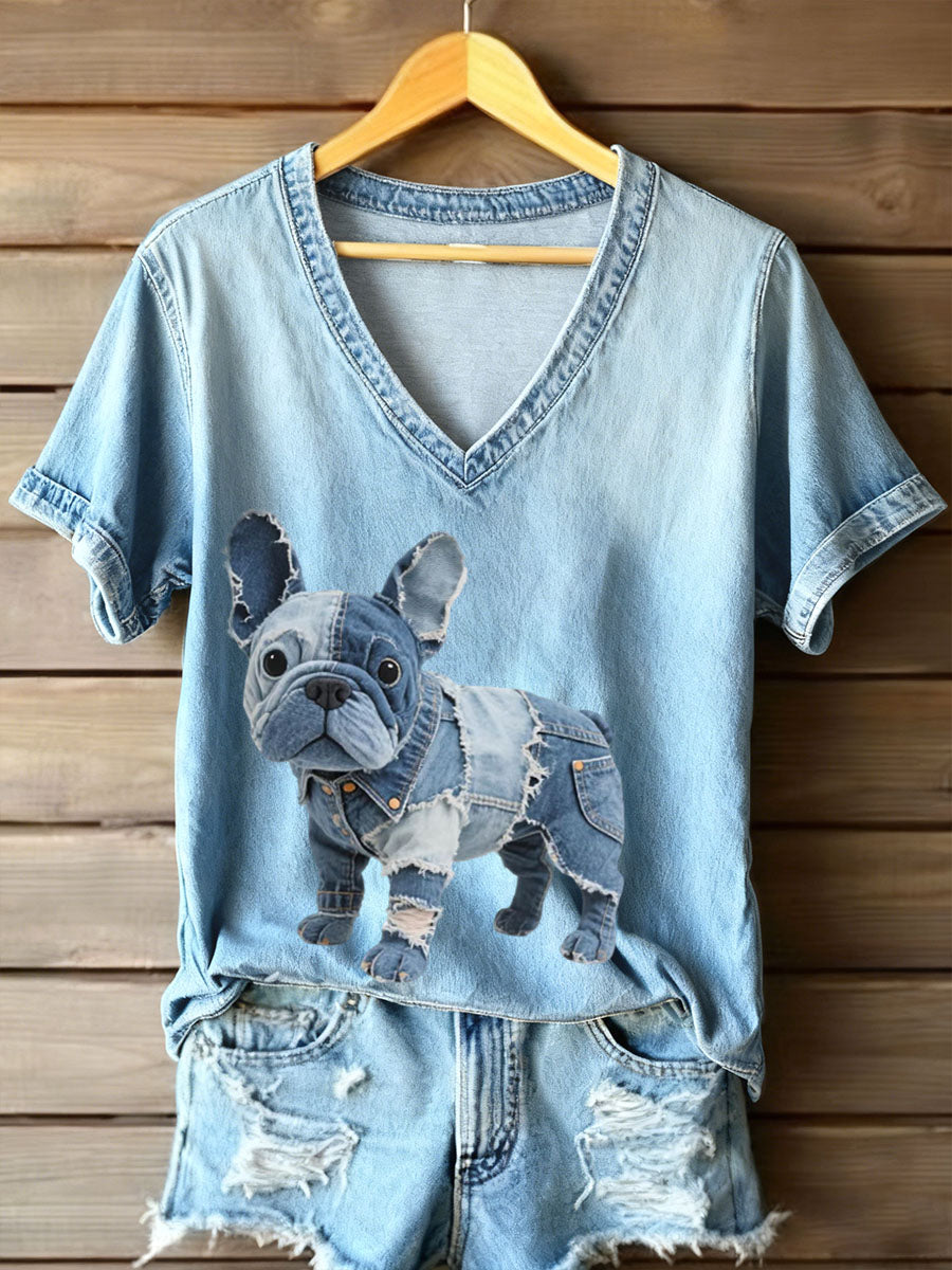 Liora Barcelona Dulce - Camiseta de Mujer con Cuello en V Estilo Bulldog Francés
