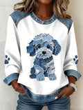 Liora Barcelona Luz - Sudadera con Patchwork y Estampado de Denim de Perro Peludo – Blanco