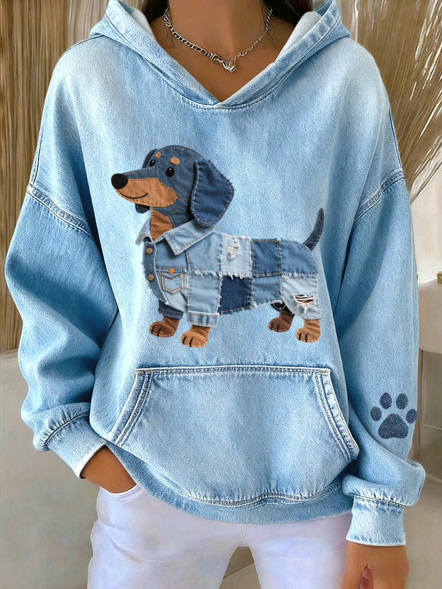 Liora Barcelona Azucena - Sudadera de Denim con Parche de Perro Salchicha – Azul