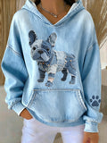 Liora Barcelona Blanca - Sudadera con Capucha de Bulldog Francés con Parche de Denim – Azul