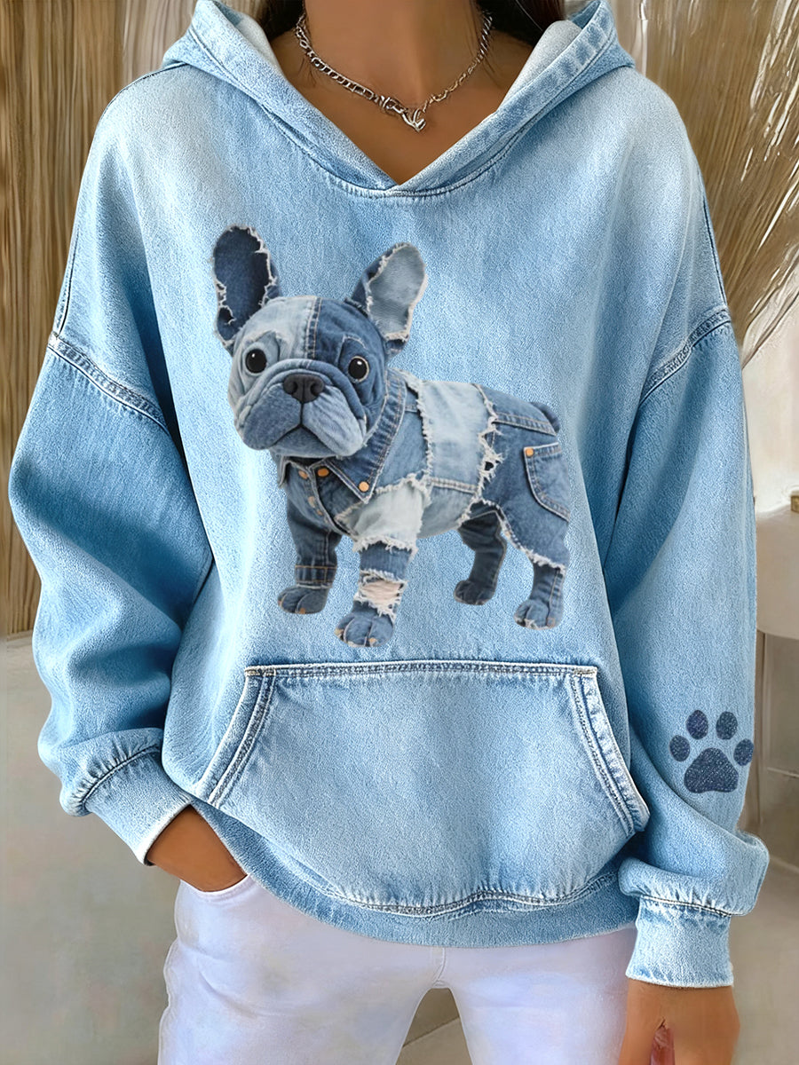 Liora Barcelona Blanca - Sudadera con Capucha de Bulldog Francés con Parche de Denim – Azul