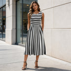 Anamartinezmadrid Noemí | Vestido Midi Sin Mangas con Rayas y Cuello Redondo
