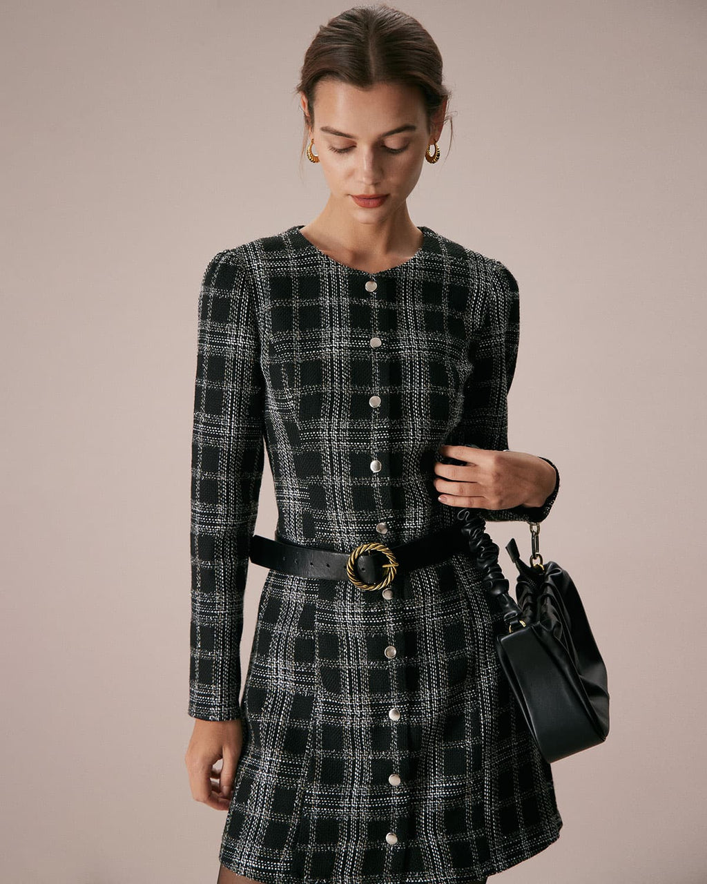 Daniela | Minivestido Negro de Cuadros Cuello Redondo Línea A - Carmen Teruel