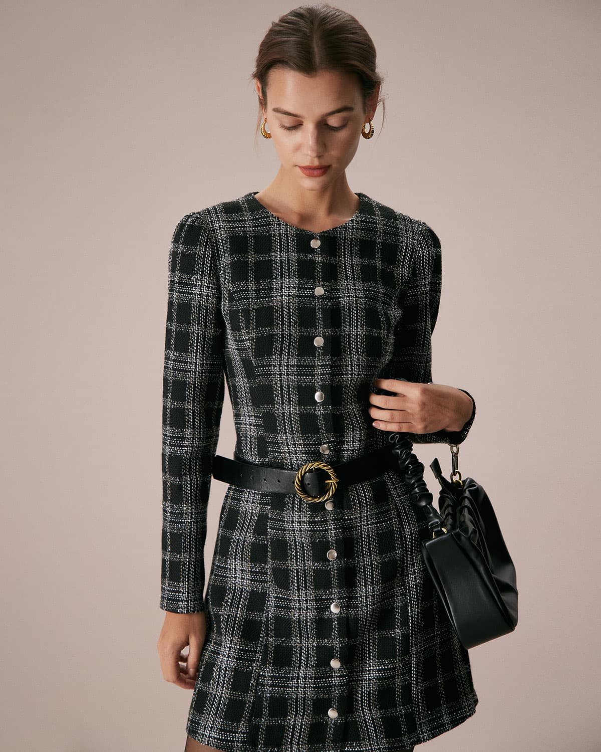 Daniela | Minivestido Negro de Cuadros Cuello Redondo Línea A - Carmen Teruel