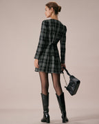 Daniela | Minivestido Negro de Cuadros Cuello Redondo Línea A - Carmen Teruel