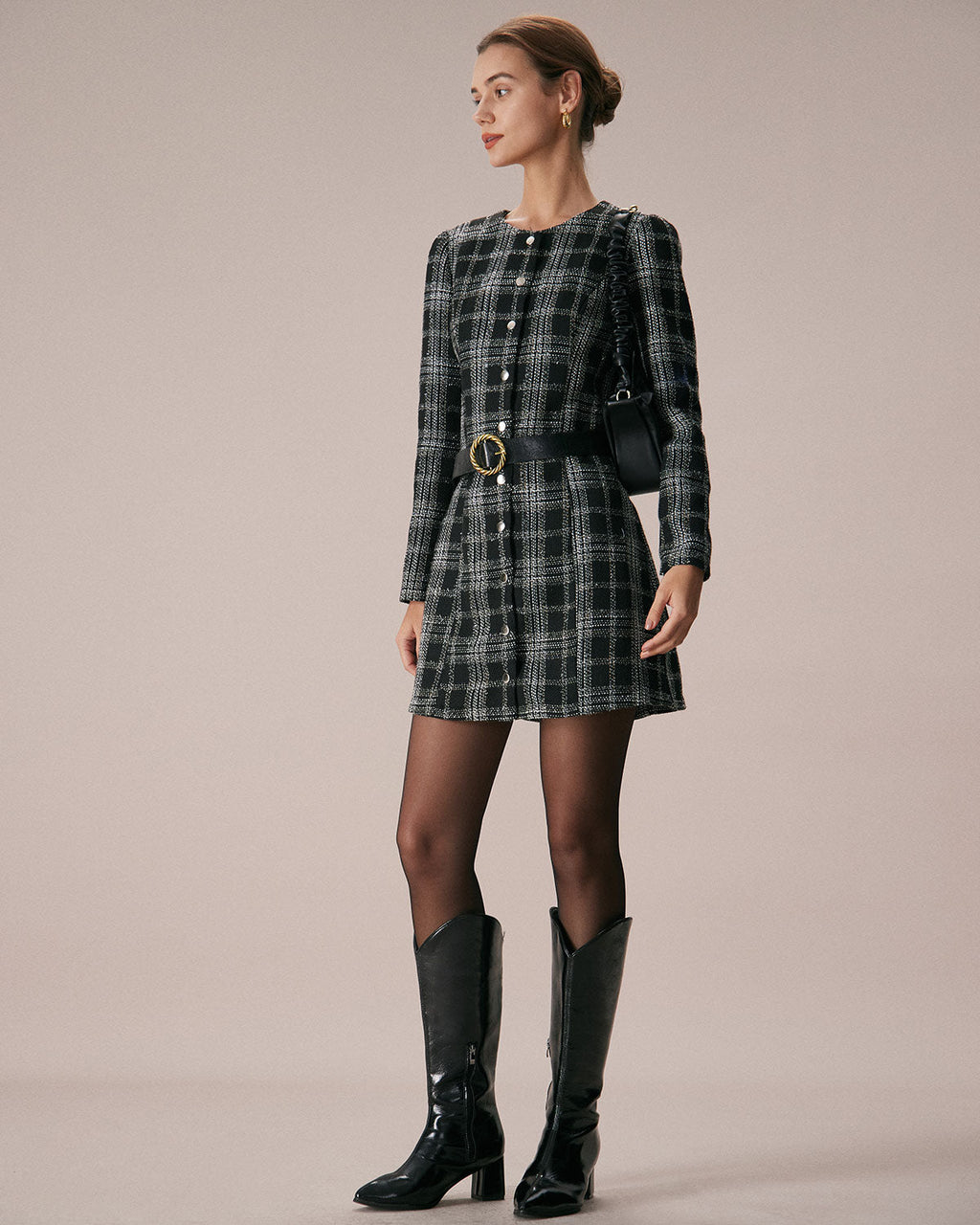 Daniela | Minivestido Negro de Cuadros Cuello Redondo Línea A - Carmen Teruel