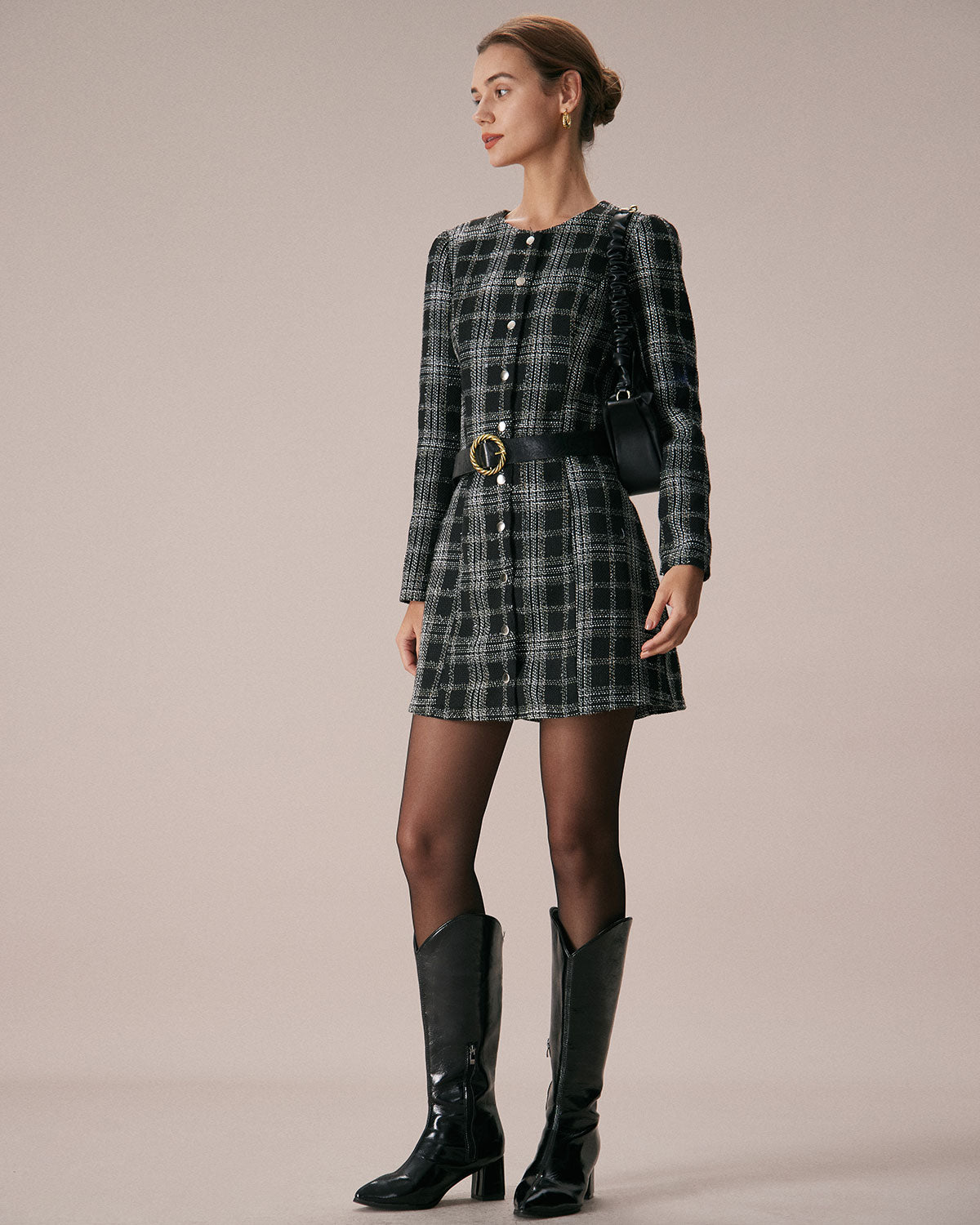 Daniela | Minivestido Negro de Cuadros Cuello Redondo Línea A - Carmen Teruel