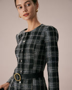 Daniela | Minivestido Negro de Cuadros Cuello Redondo Línea A - Carmen Teruel