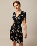 Anamartinezmadrid Minivestido Negro Floral con Escote en V y Botones – Negro